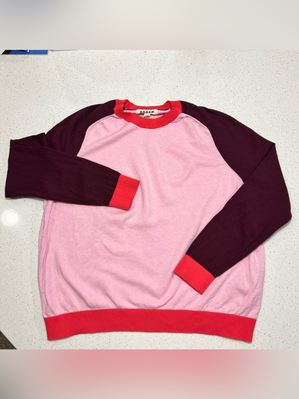 Boden Pink & Burgundy Raglan Crewneck Sweater Size Large Cotton Cashmere